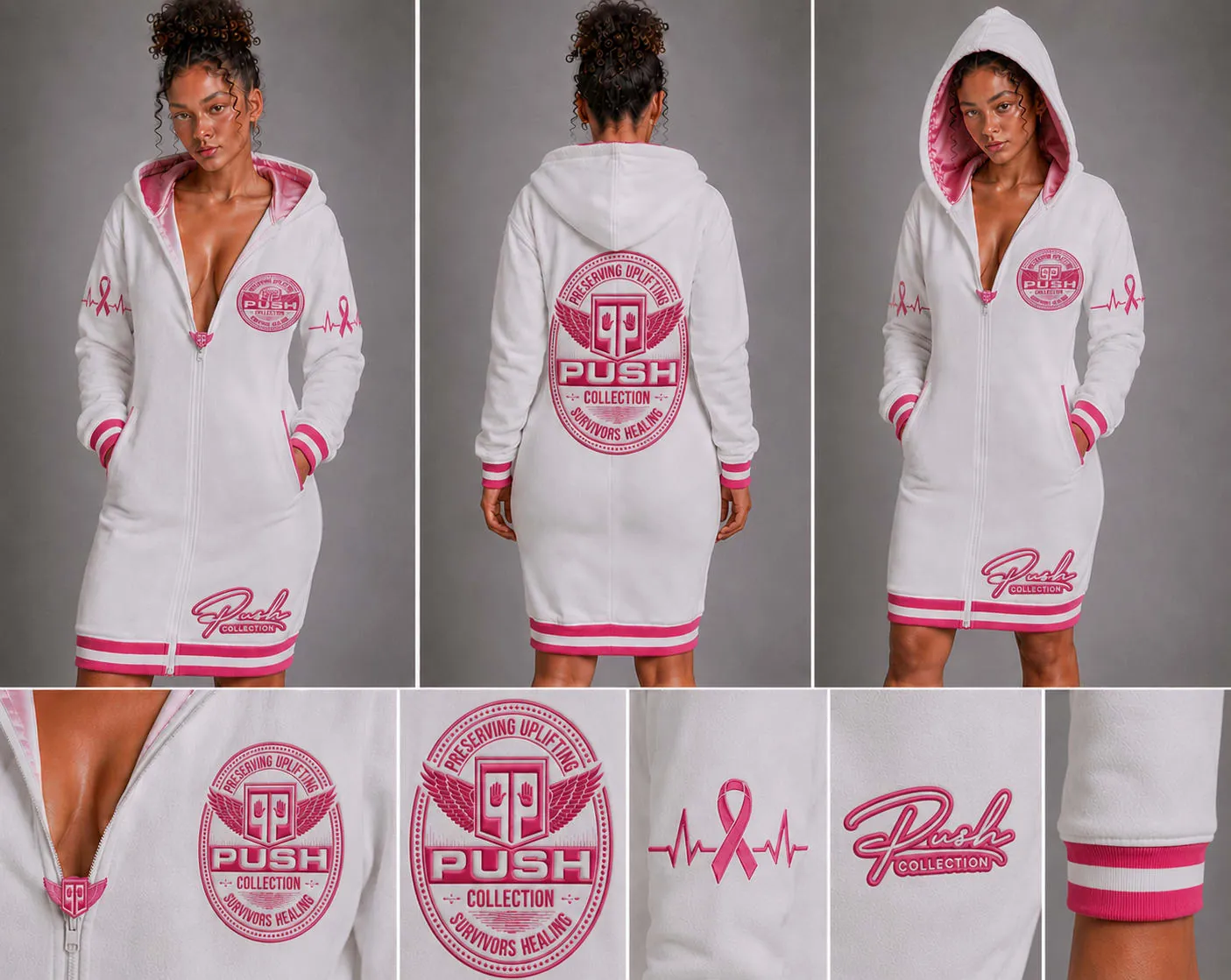 PUSH hoodie dress for a layered breast cancer awareness outfit