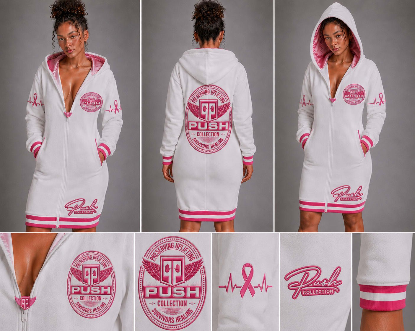 PUSH hoodie dress for a comfortable breast cancer awareness workplace event
