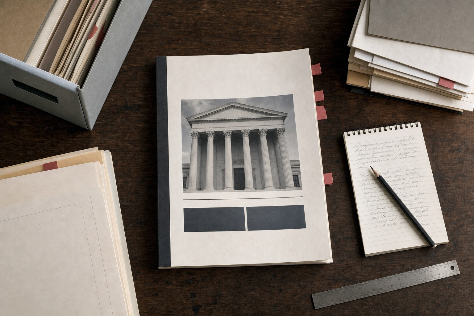 Archival documents and research materials on a wooden desk