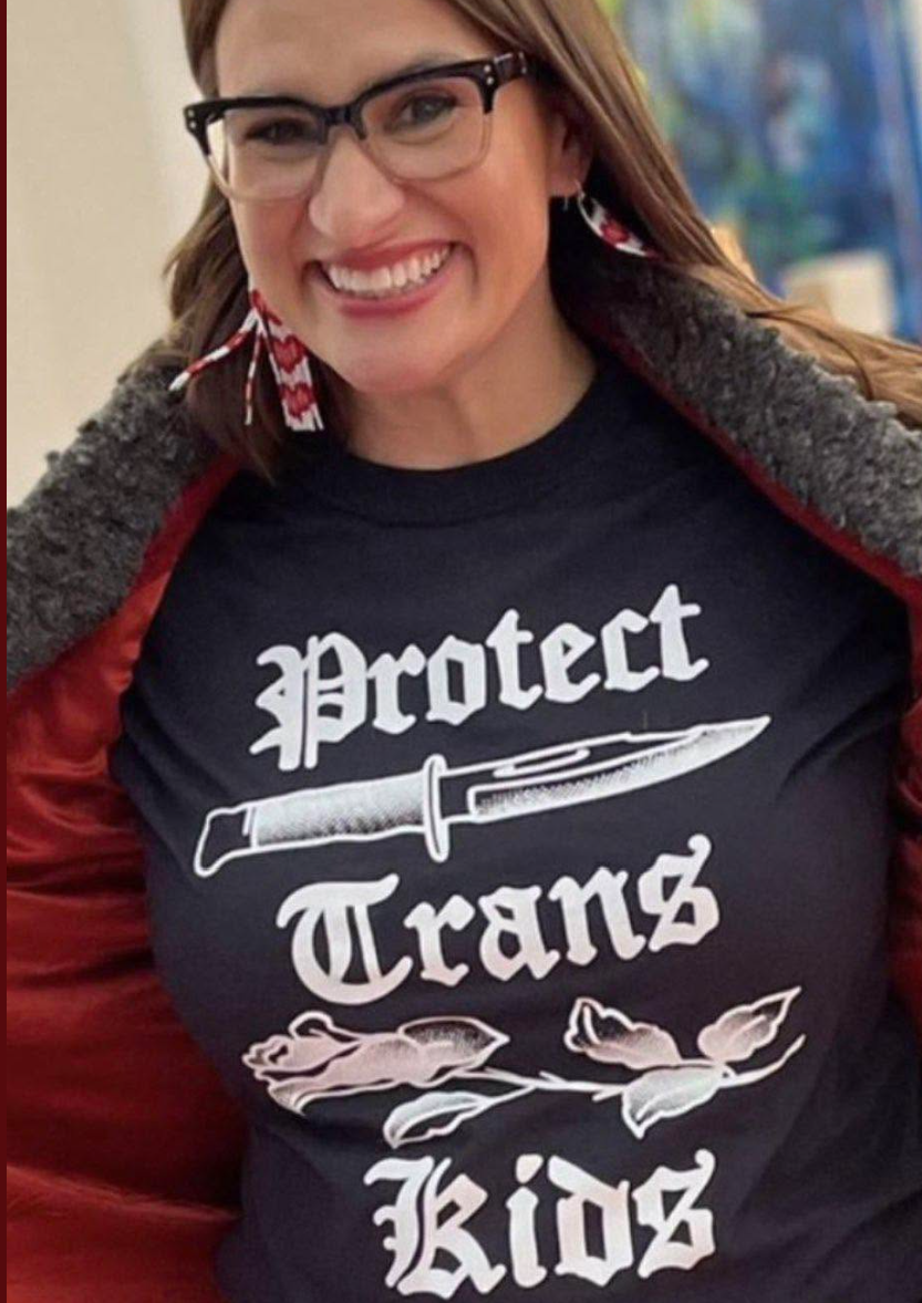 Image supplied by the site owner showing Peggy Flanagan in a Protect Trans Kids shirt
