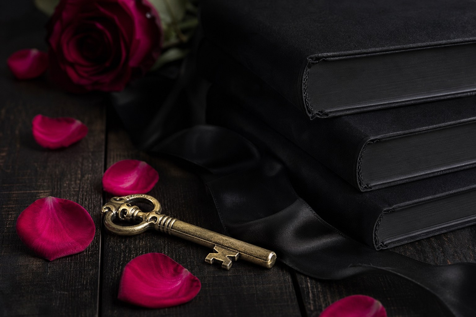 Vintage brass key, black books, black ribbon, and crimson rose petals on dark wood