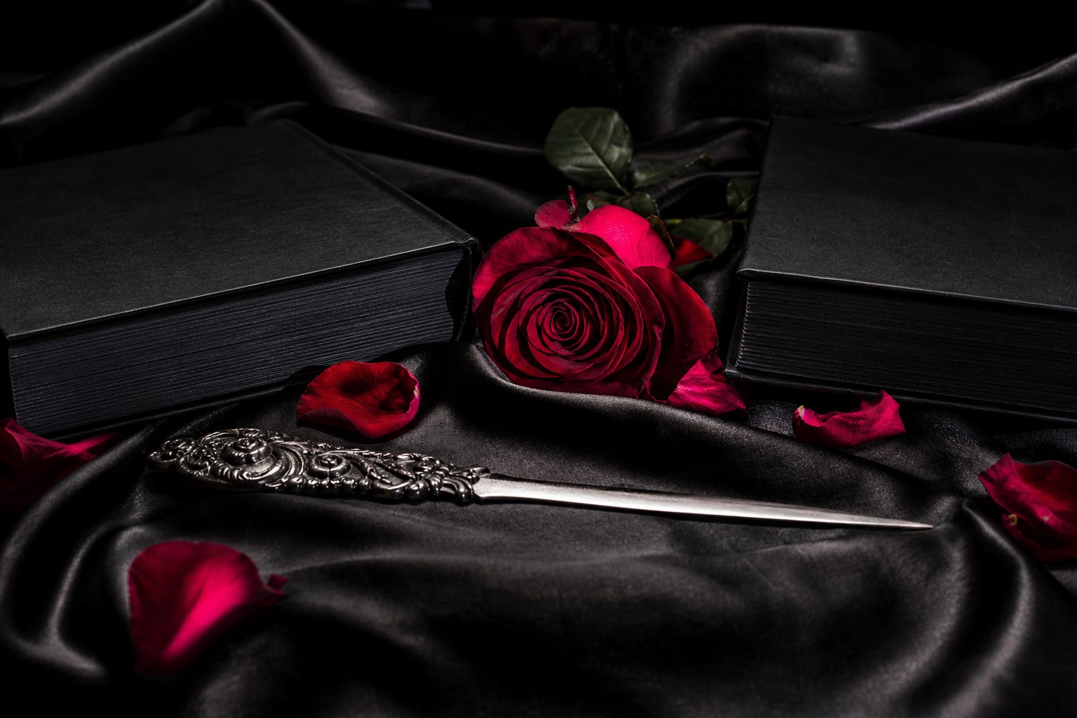 Two black books facing each other across a crimson rose and antique letter opener on black satin