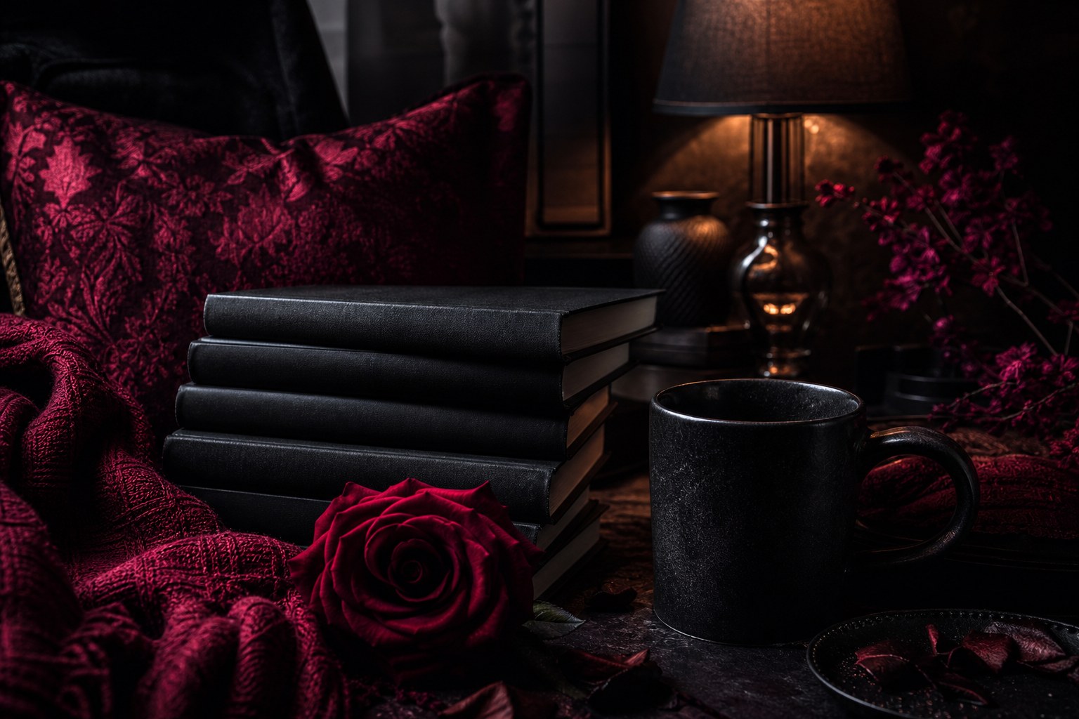 Dark reading nook with stacked black books, a burgundy blanket, black mug, rose, and warm lamp