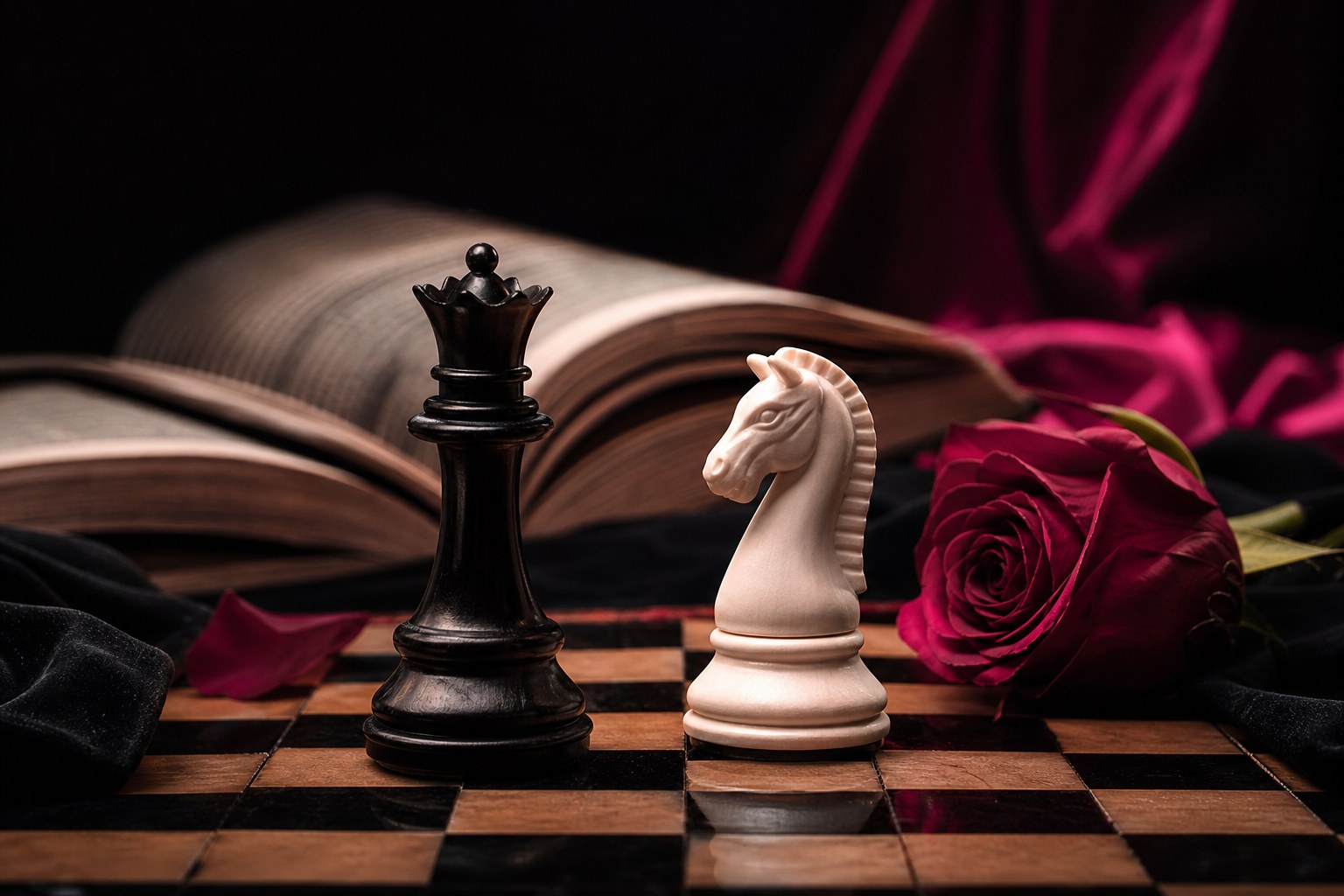 Black queen and white knight chess pieces facing each other beside an open book and crimson rose