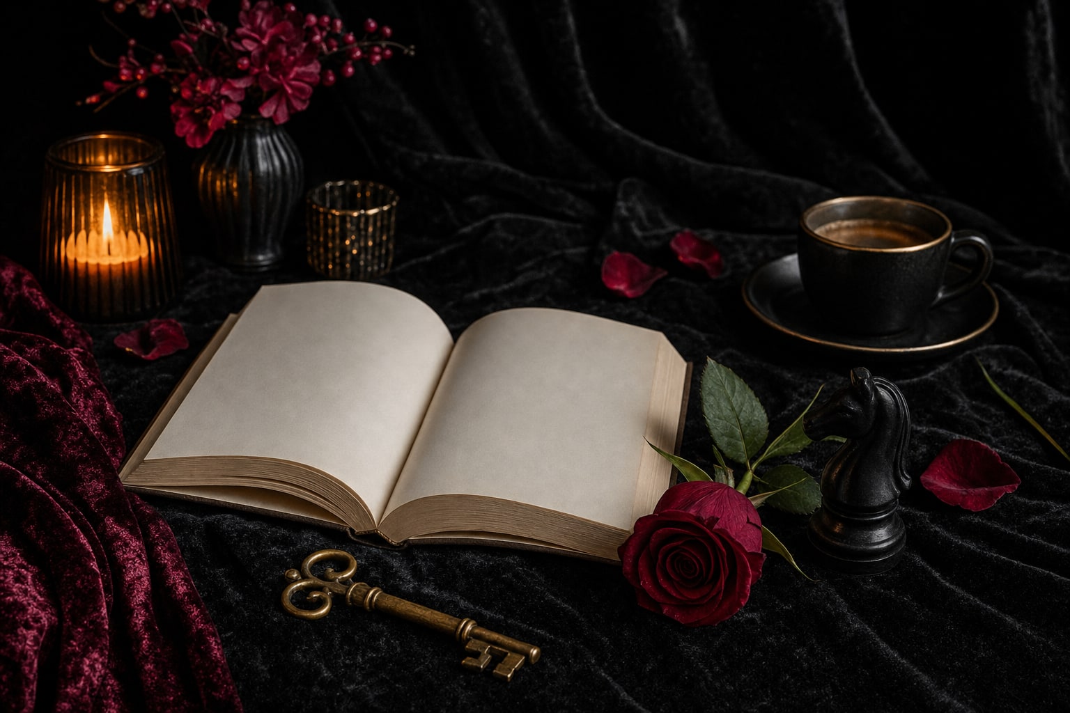 Open book on black velvet with a crimson rose, antique key, chess knight, and espresso cup
