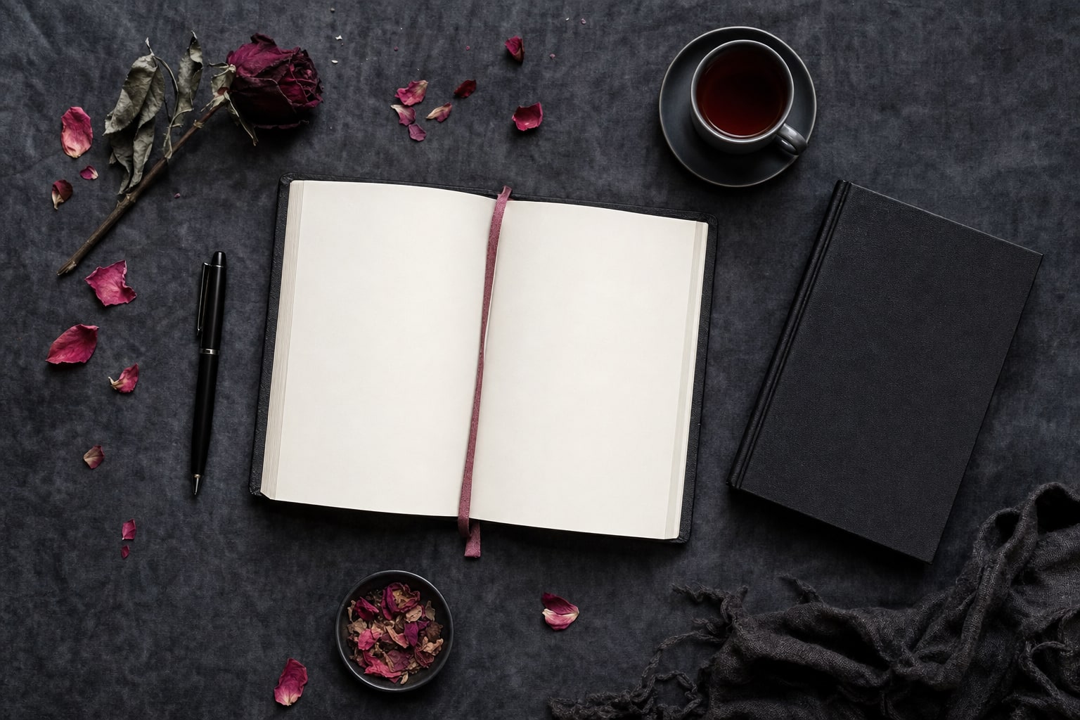 Reader journal, black pen, tea cup, and open book on a dark table