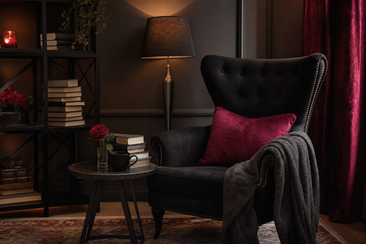Moody reading nook with a black mug, blanket, stacked books, and a deep red rose