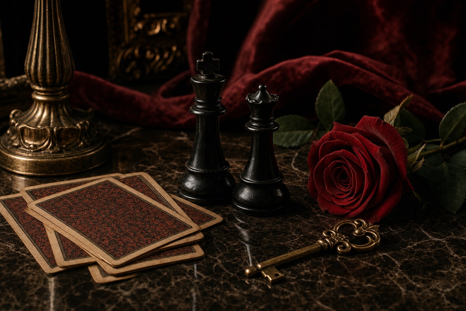 Black chess pieces, an antique key, and a crimson rose on a dark table