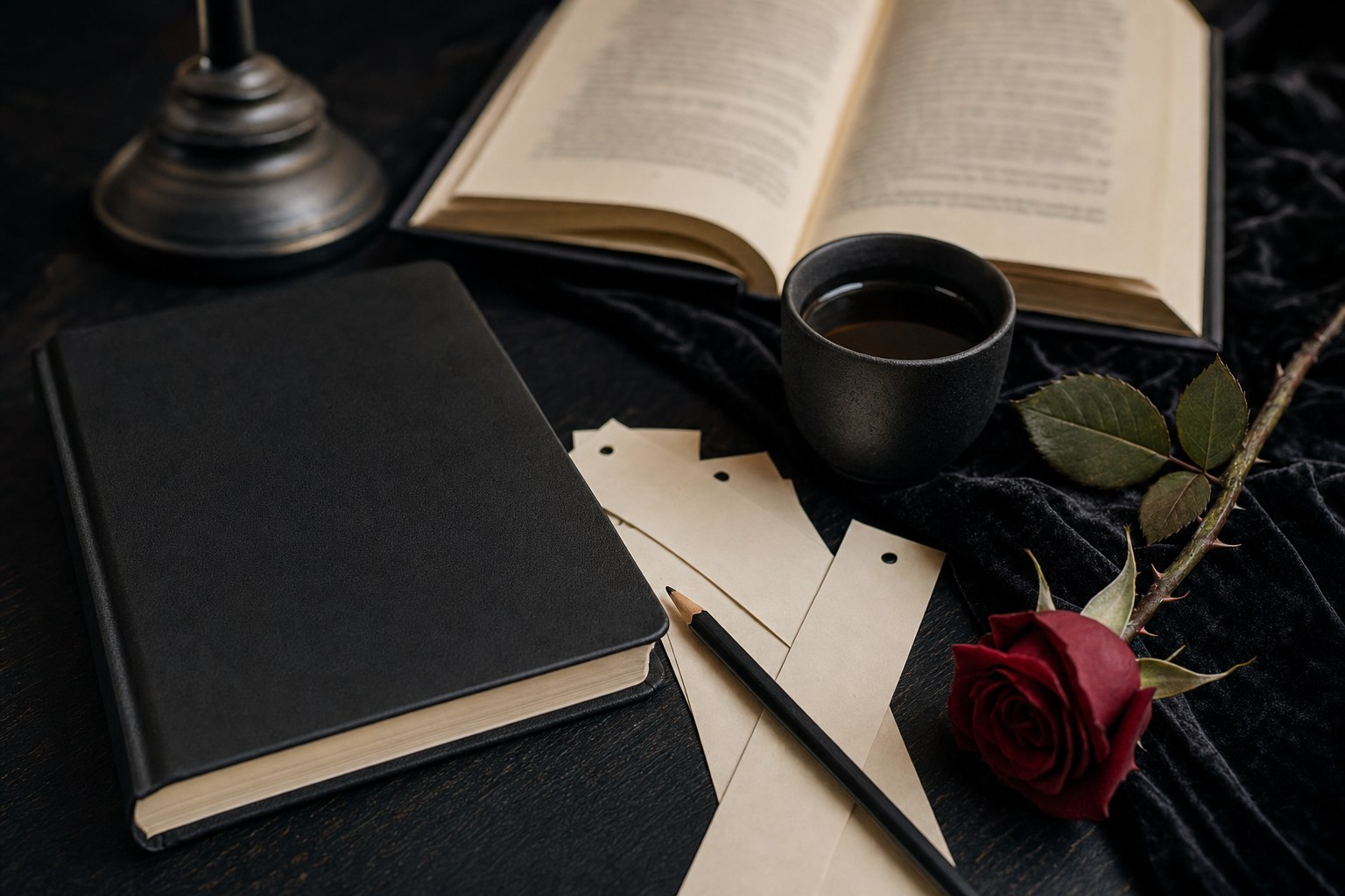 Black journal, blank bookmarks, pencil, tea cup, and rose beside an open book