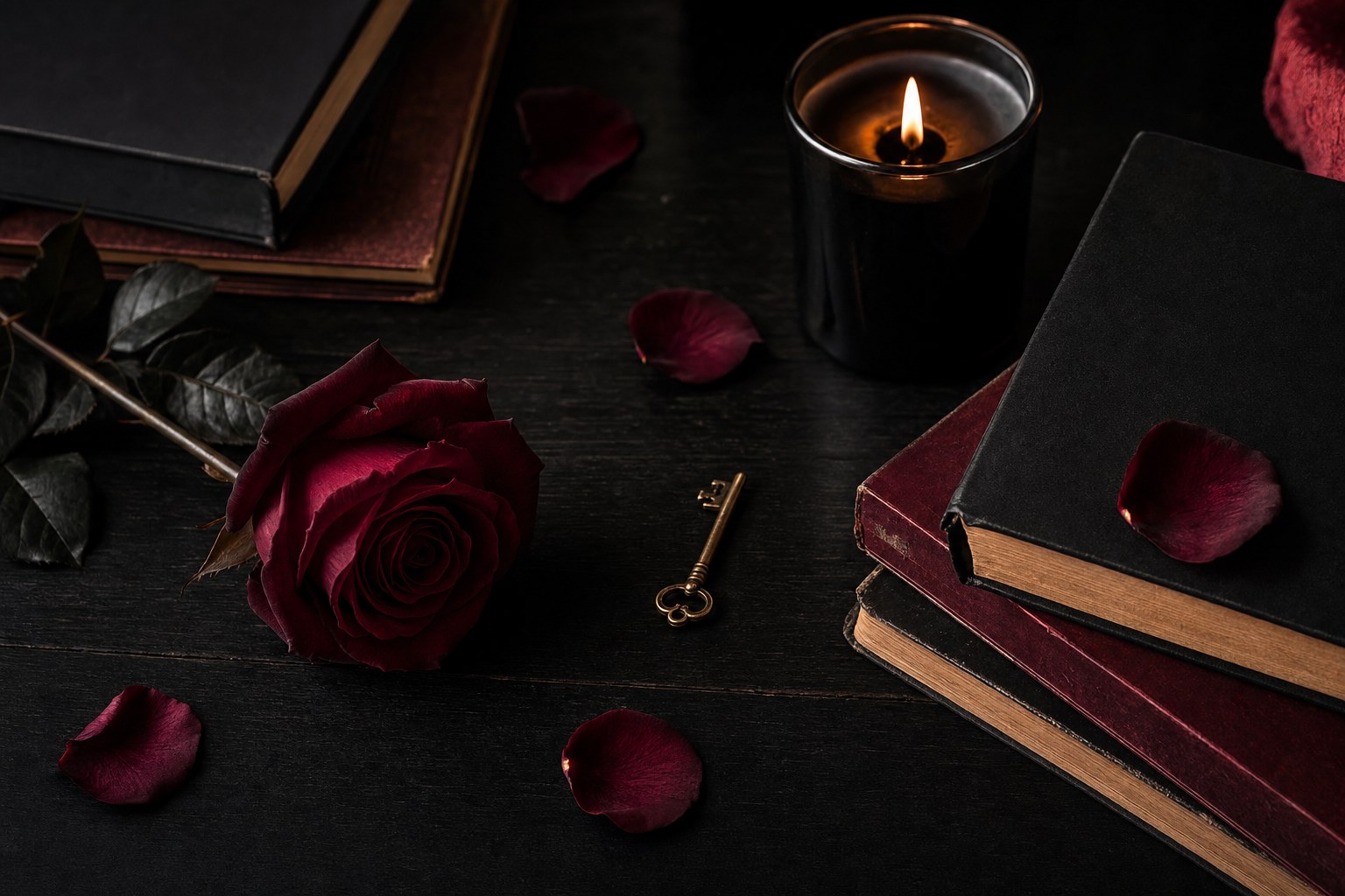 Dark romance reading still life with black books, a rose, candle, and antique key