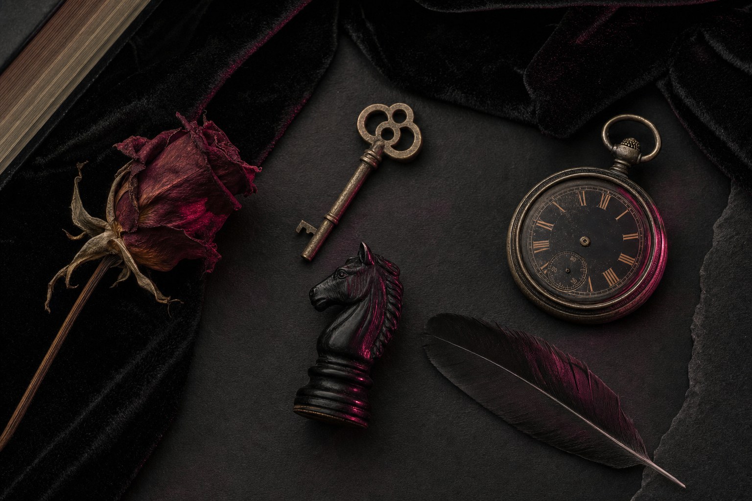 Antique key, black chess knight, dried rose, pocket watch, and feather on dark velvet