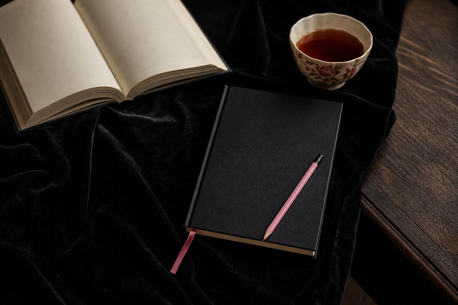Black reading journal with a pink pencil, tea cup, ribbon bookmark, and open book