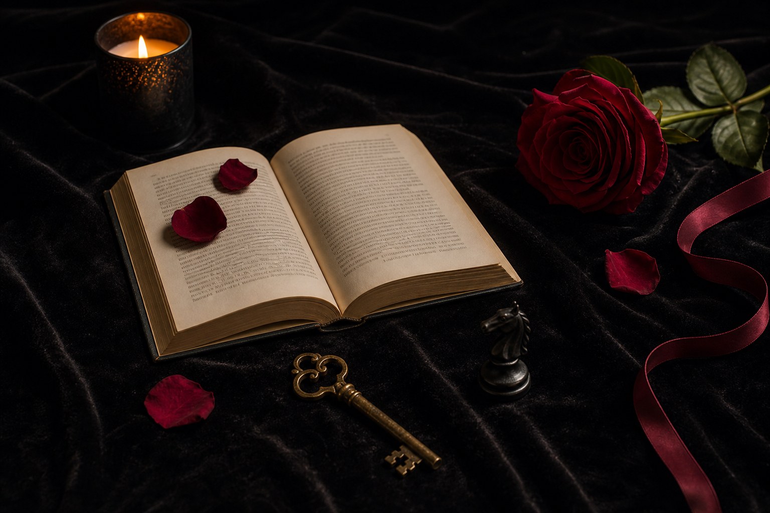 Open book with a red rose, antique key, candle, and black chess knight on black velvet