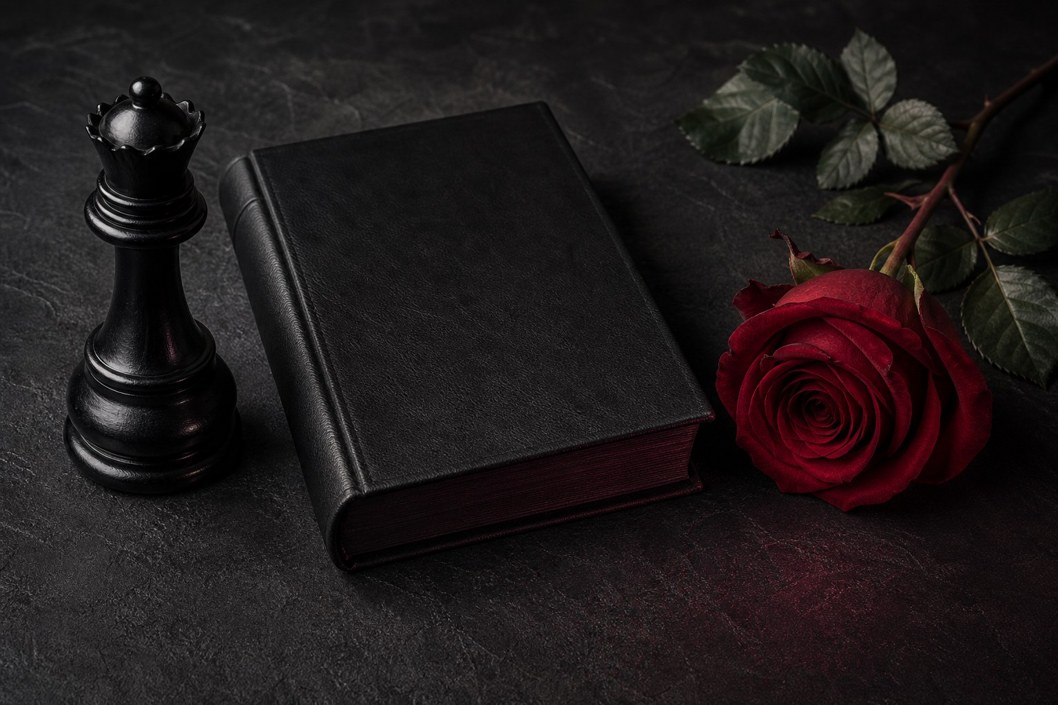 Black queen chess piece, red rose, and black book on a dark stone surface