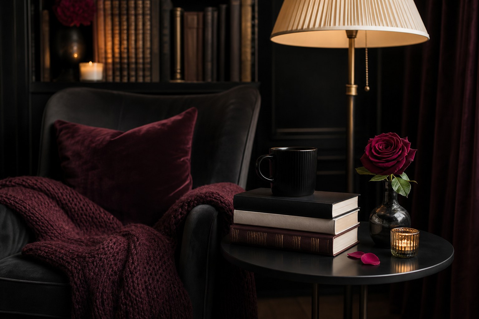 Dark reading nook with a black mug, stacked books, throw, rose, and warm lamp