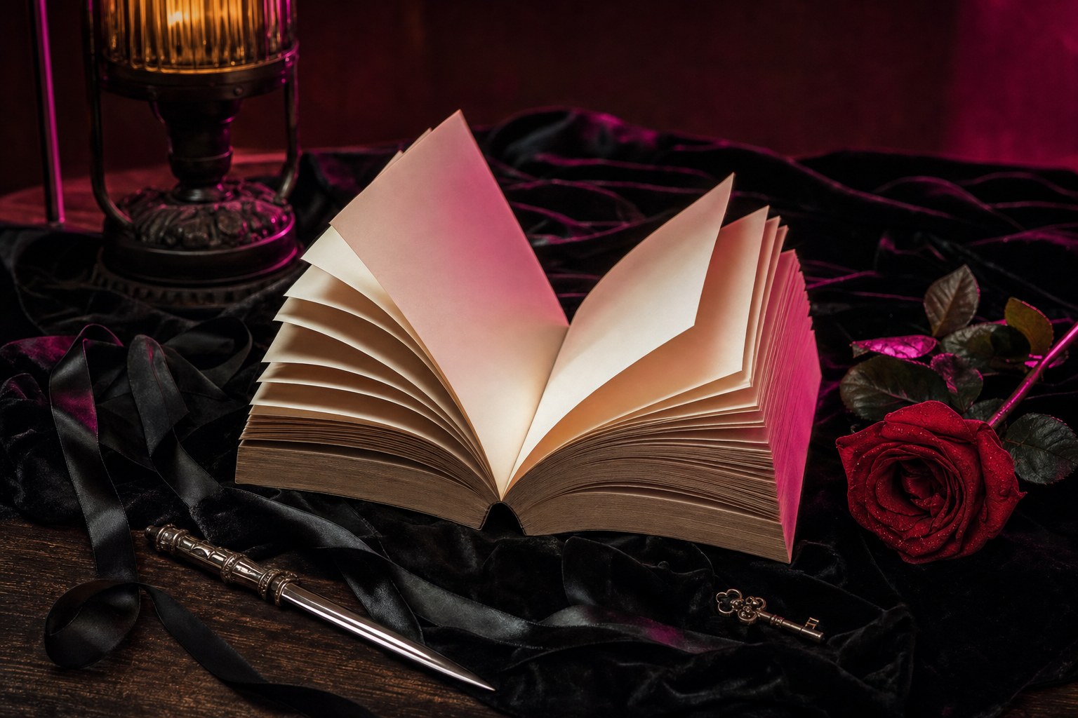 Open book on black velvet with a crimson rose, ribbon, key, and letter opener