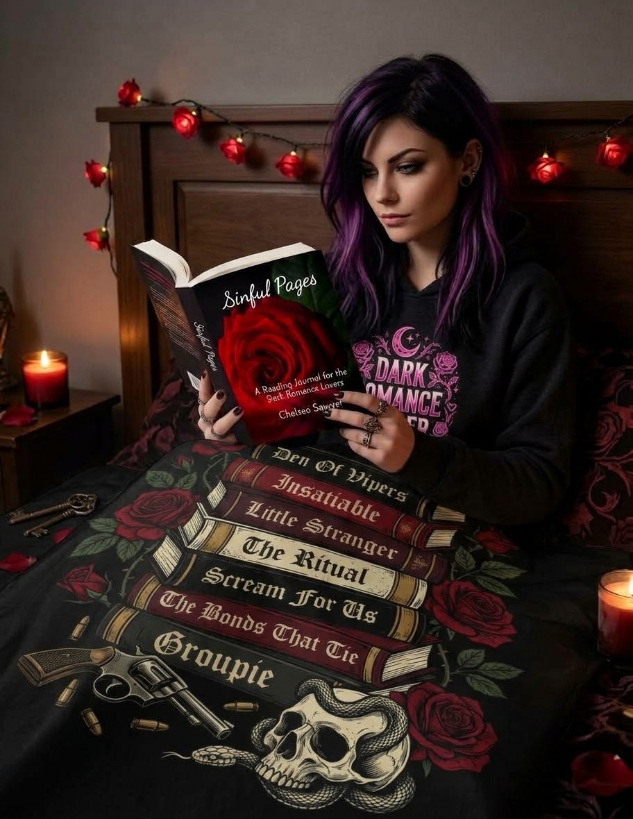 Reader enjoying a dark romance novel in a cozy candlelit bedroom