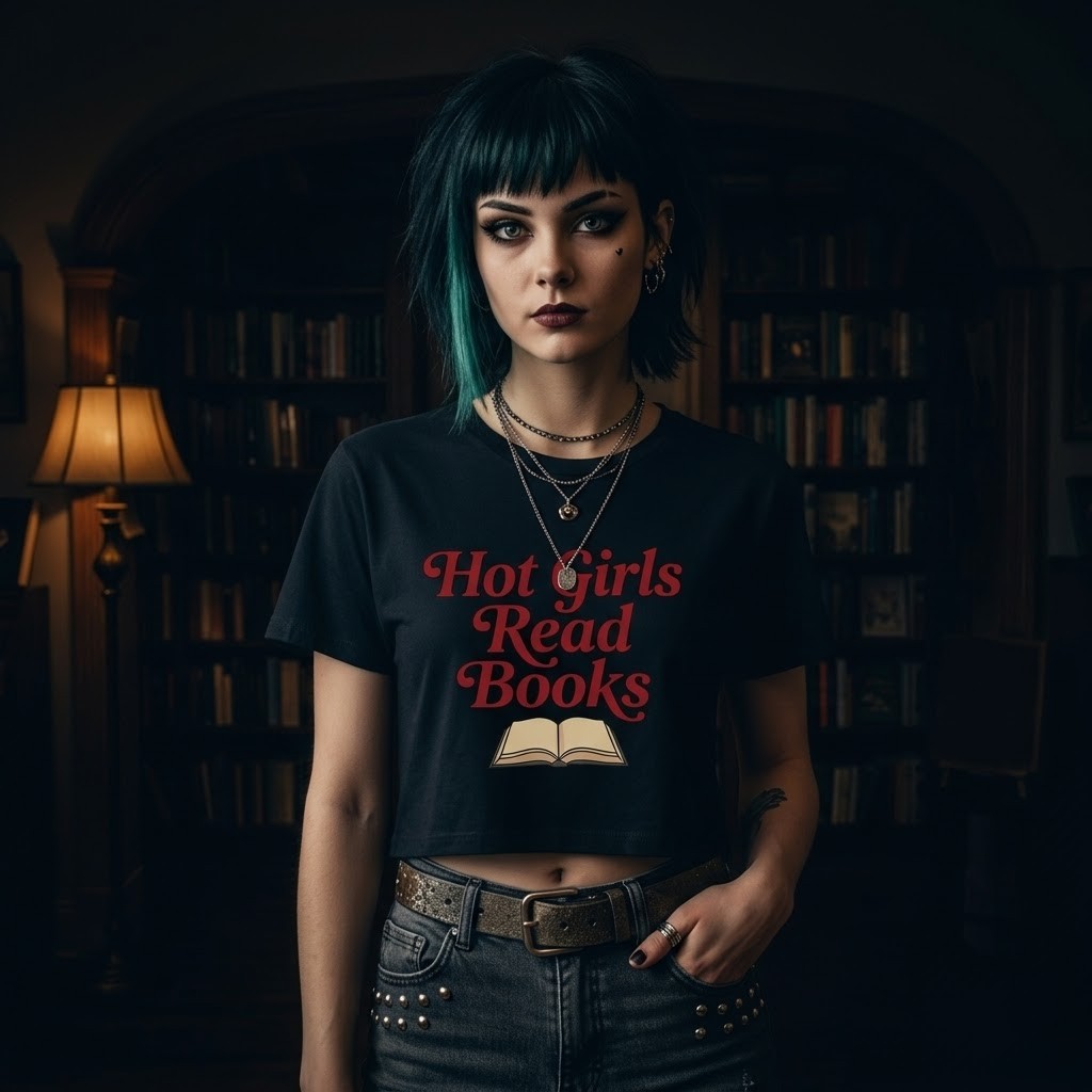 Reader wearing a Hot Girls Read Books shirt in a moody library