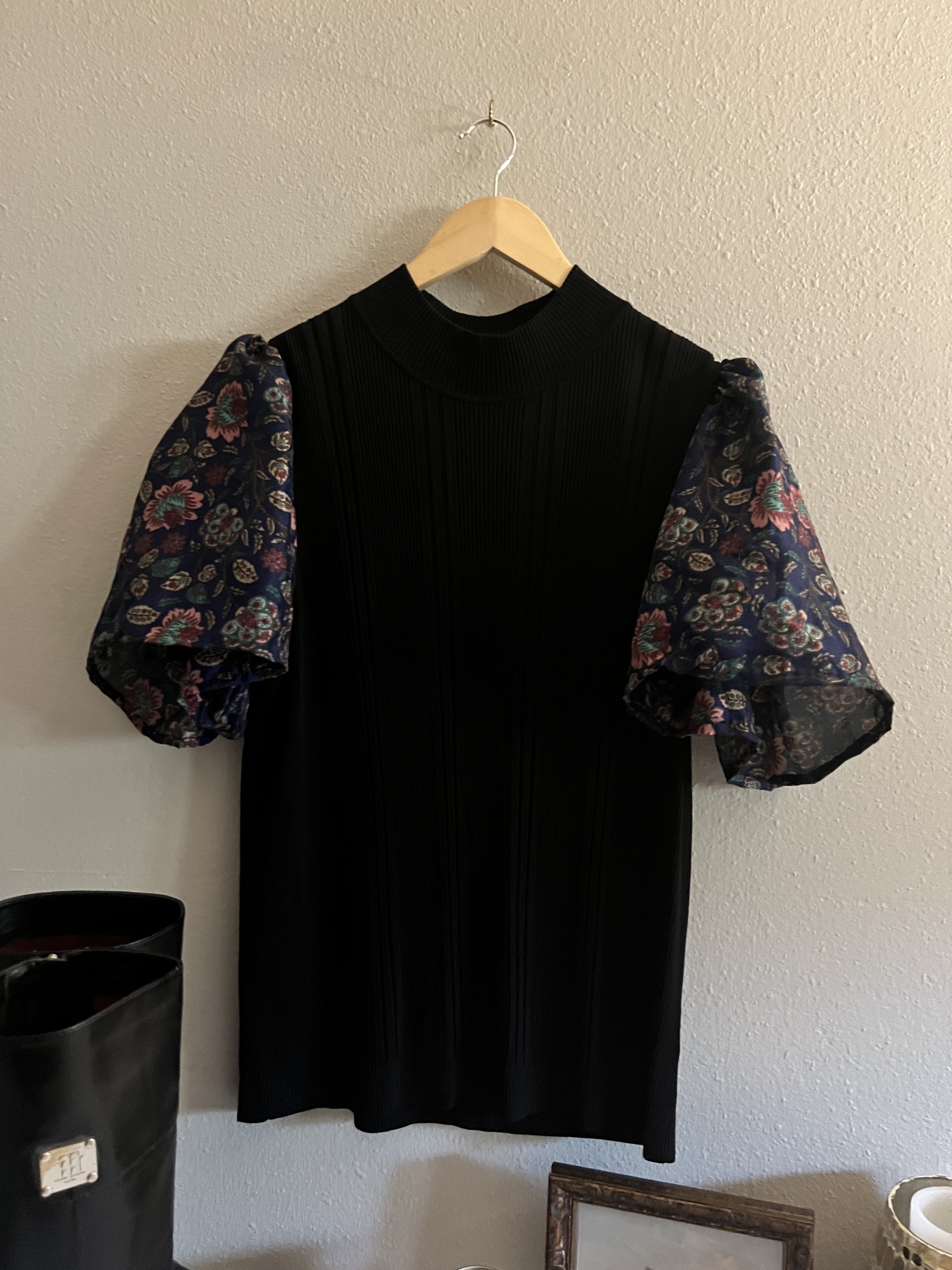 Upcycled High-Neck Blouse with Flowing Sari Sleeves  Size: 2X