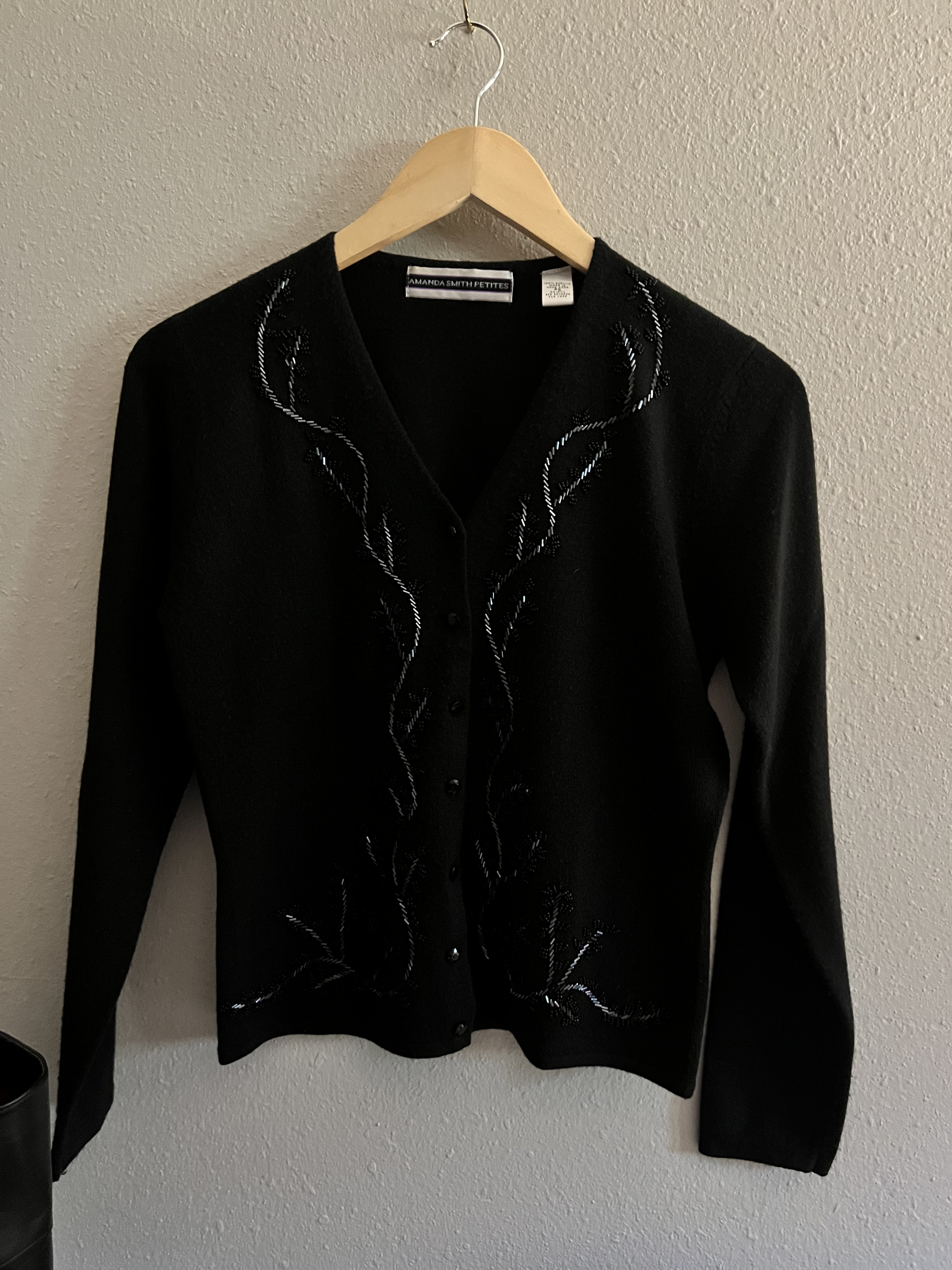 Vintage Black Beaded Cardigan – Elegant Scroll Embroidery, 90s Amanda Smith Petites  Size: PS