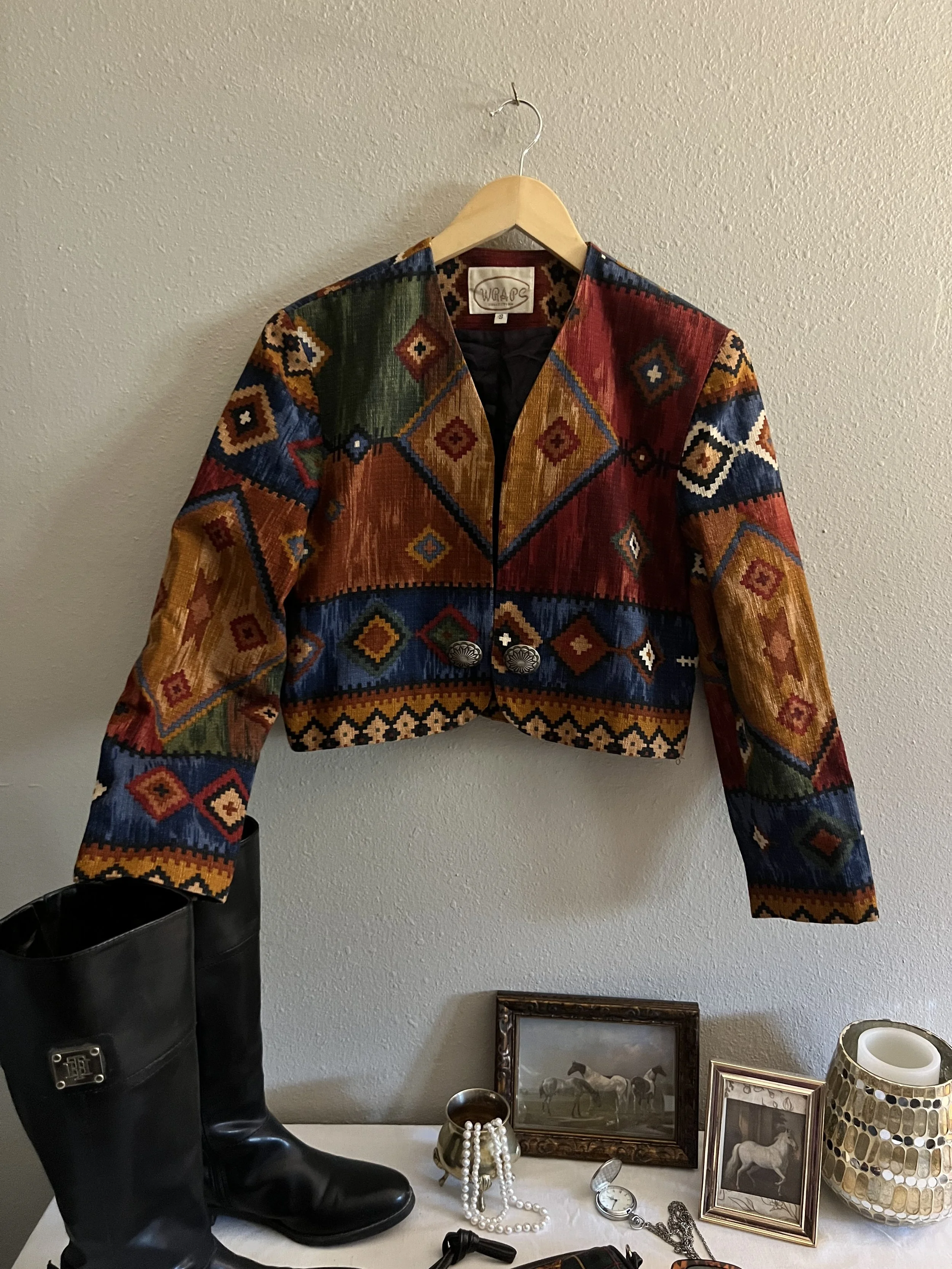 Vintage Southwestern Tapestry Crop Blazer – Bold Western Geometry & Concho Buttons  Size: Small