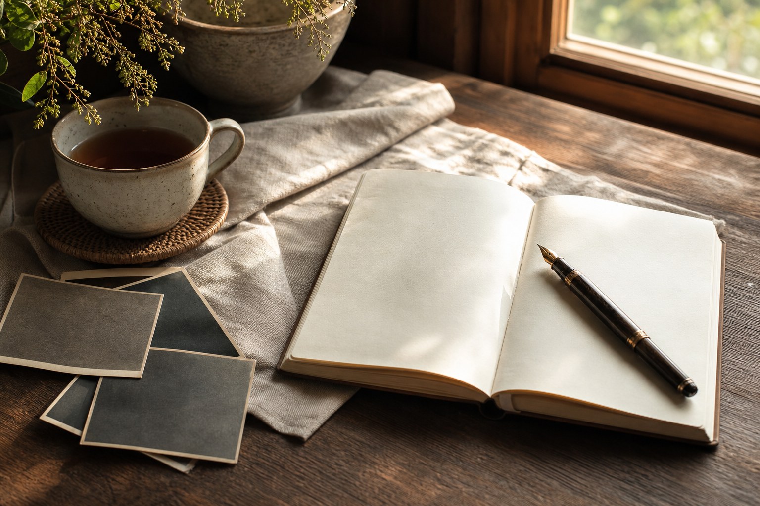 An open notebook, fountain pen, tea, and old photographs on a sunlit table