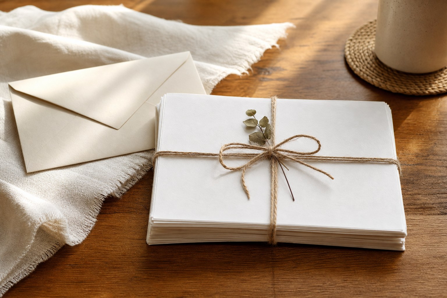 A tied bundle of pages and an envelope on a wooden table