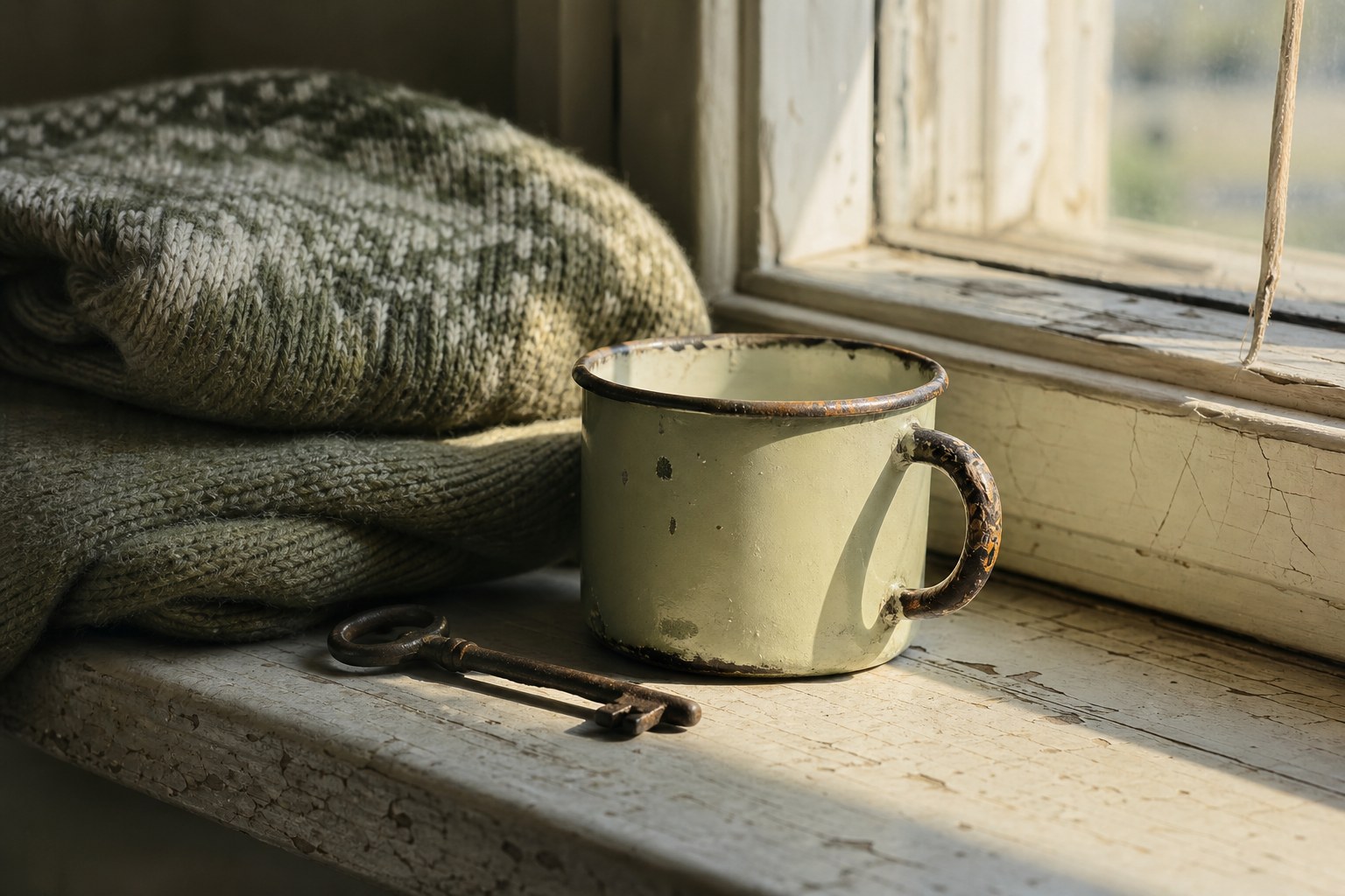 A worn enamel mug, a wool sweater, and a house key on a windowsill