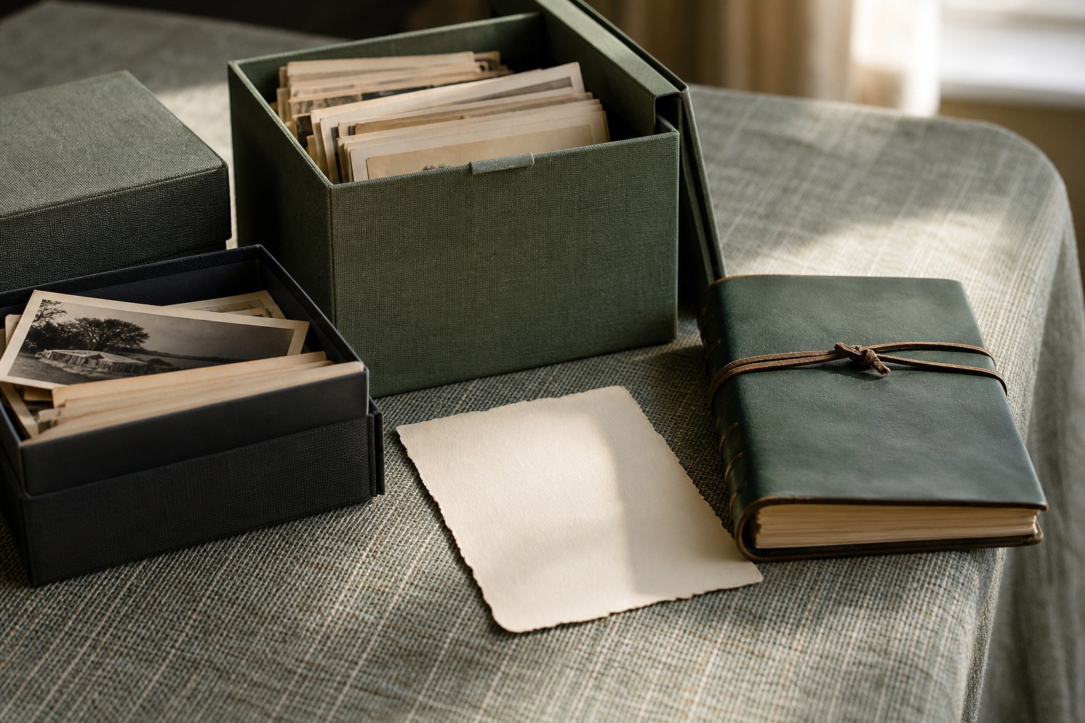 Photo boxes and a journal waiting on a table
