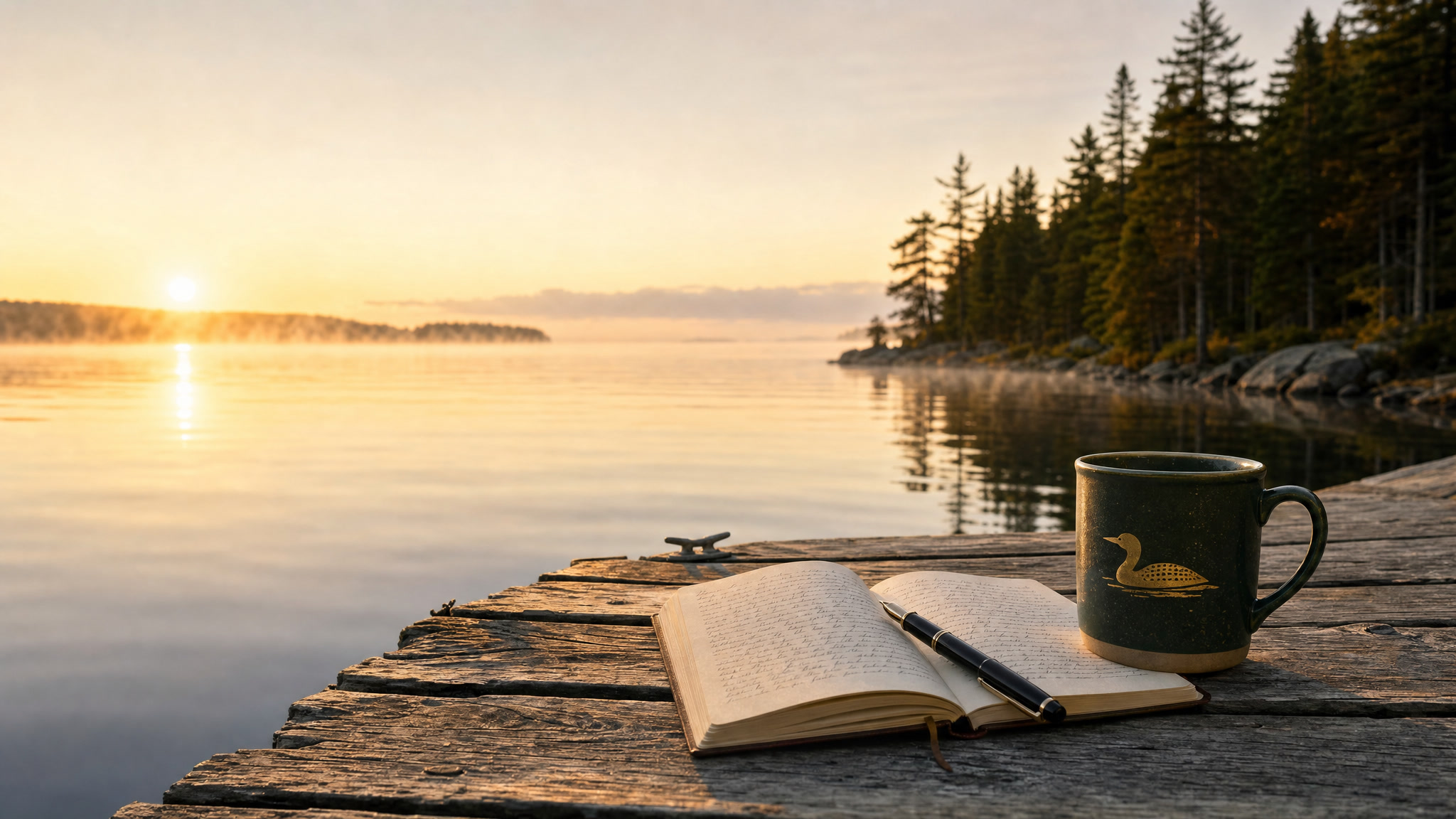 Sunrise over a northern lake, with an open journal, fountain pen, and a green loon mug on a dock