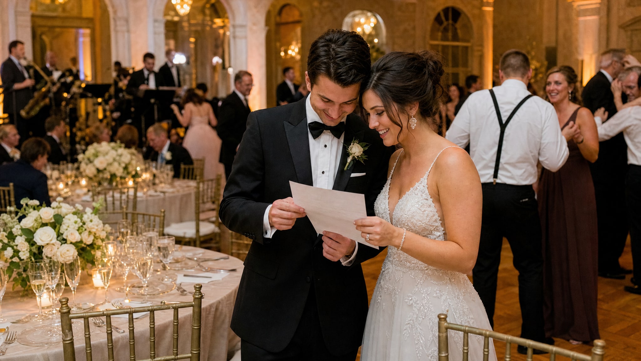 Newlyweds reviewing their reception plan in a ballroom while guests celebrate