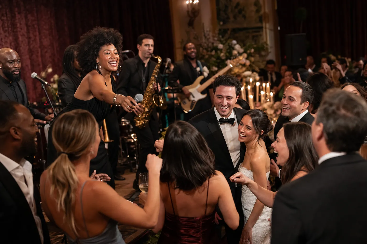 Wedding guests dancing together at a Bigg Romeo reception