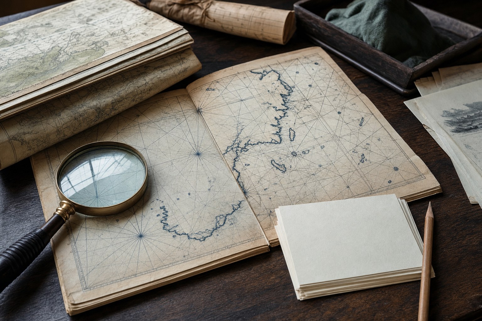 Archival maps, a magnifying glass, and note cards on a dark wood table