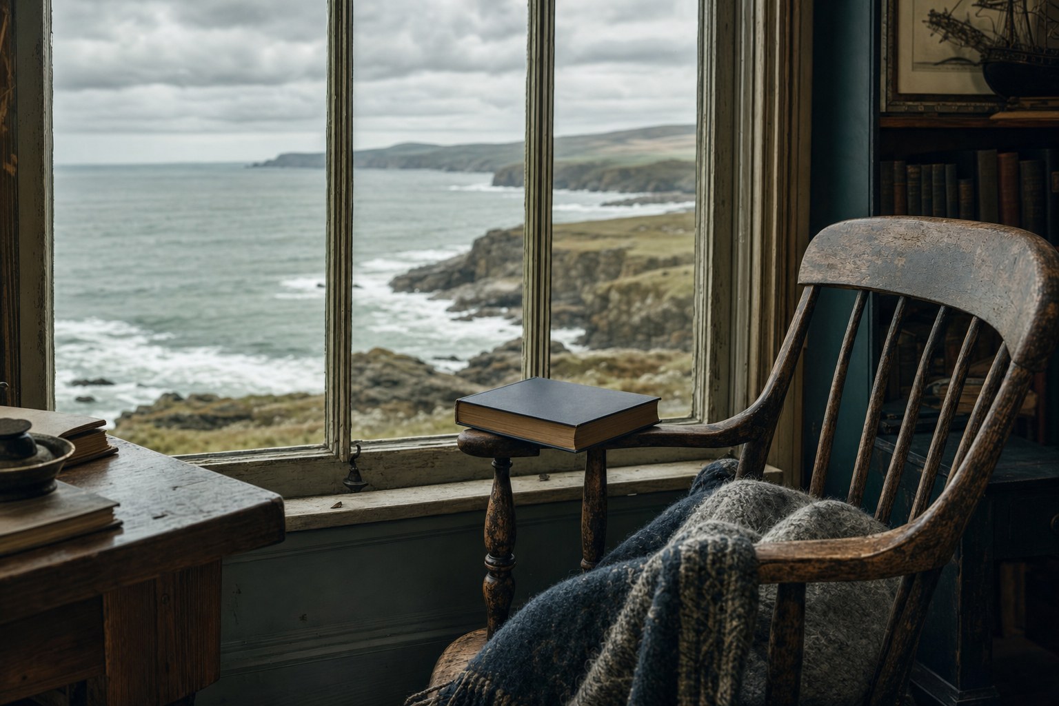 A weathered chair and closed novel beside a window looking over a rocky coast