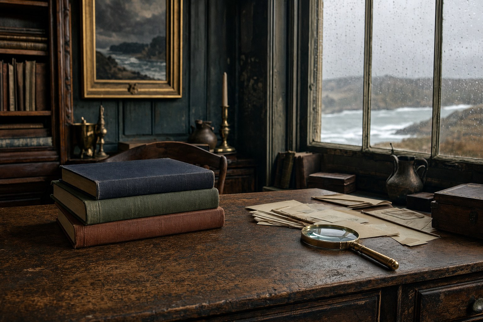 Unlabeled clothbound novels and archival papers on a writing table beside a rainy coastal window
