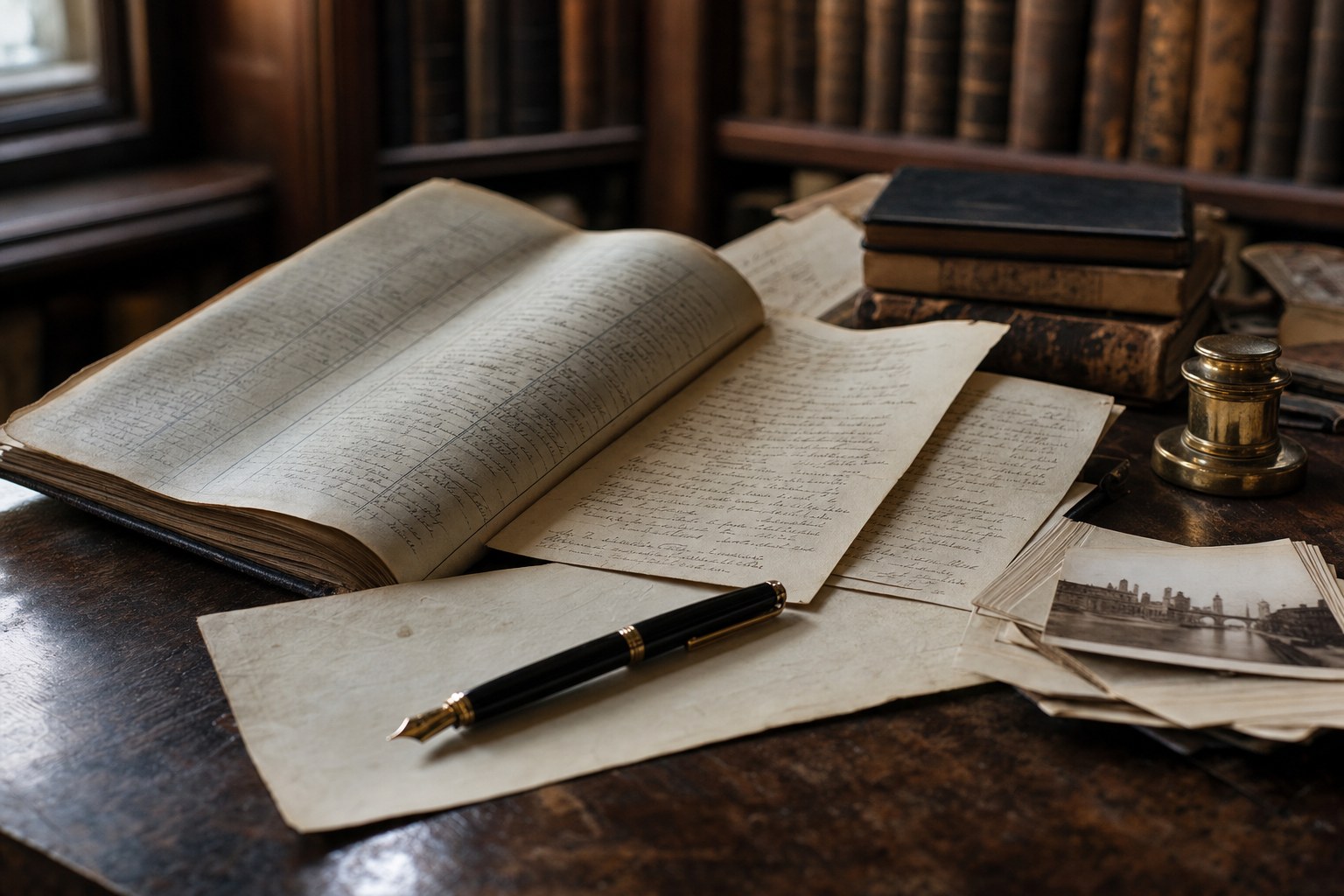 Archival ledger, correspondence, and fountain pen on a library table