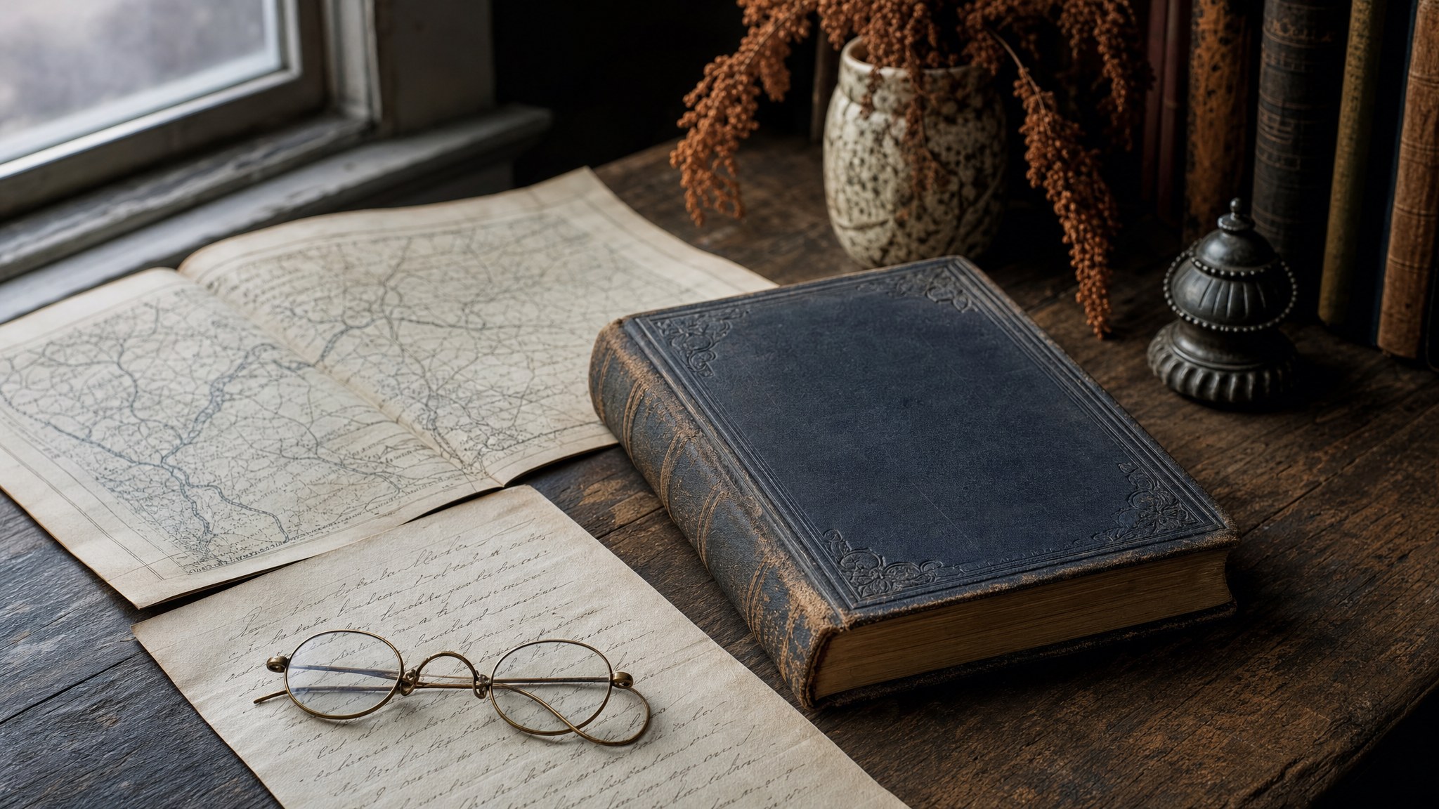 An unlabeled nineteenth-century hardback novel, folded map, letter, and reading glasses on a walnut desk