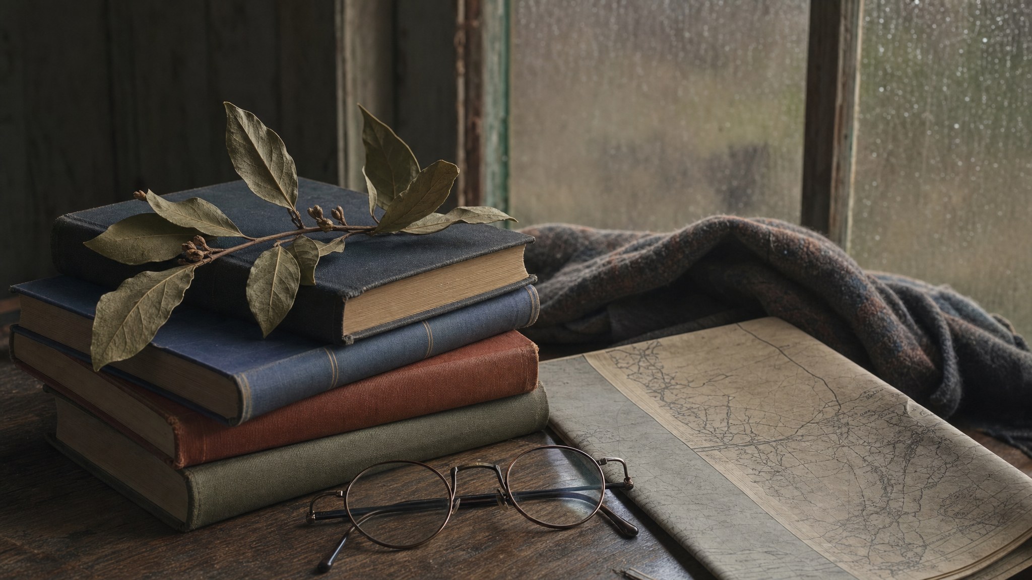 A stack of unlabeled clothbound books, reading glasses, and folded map beside a rain-softened window