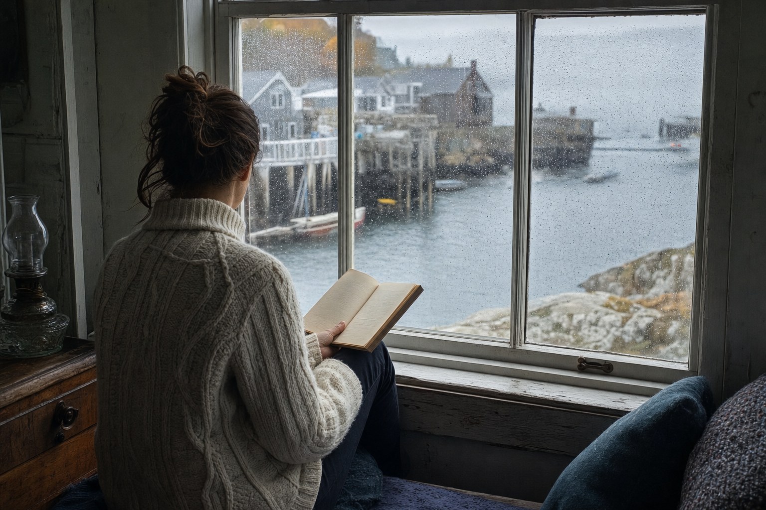 A reader holding a hardback novel beside a coastal window