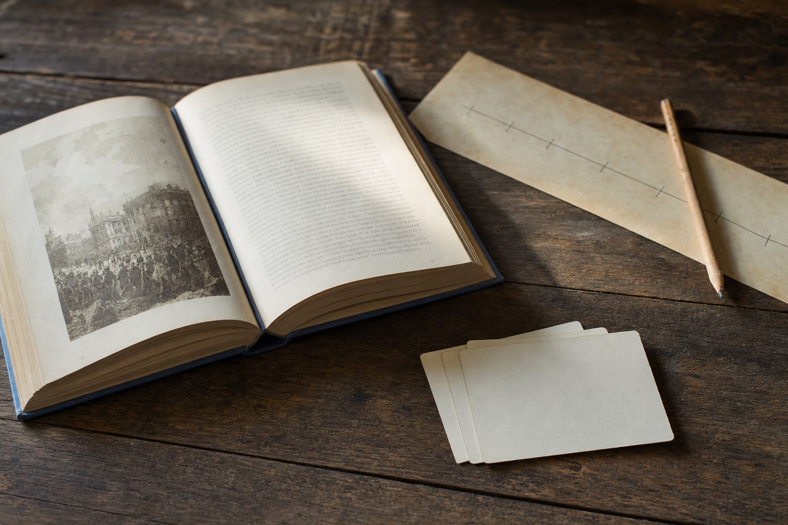 An open novel, a pencilled timeline, and blank note cards on an old wood table