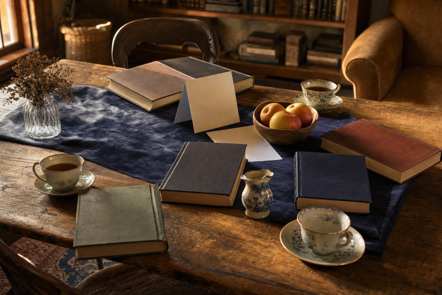 Unlabeled novels, tea cups, apples, and blank discussion cards set out on a reading-room table
