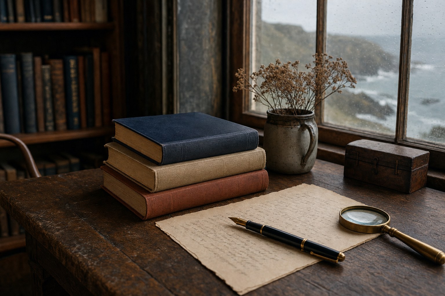 Clothbound books, a fountain pen, and a magnifying glass on a writing desk beside a coastal window