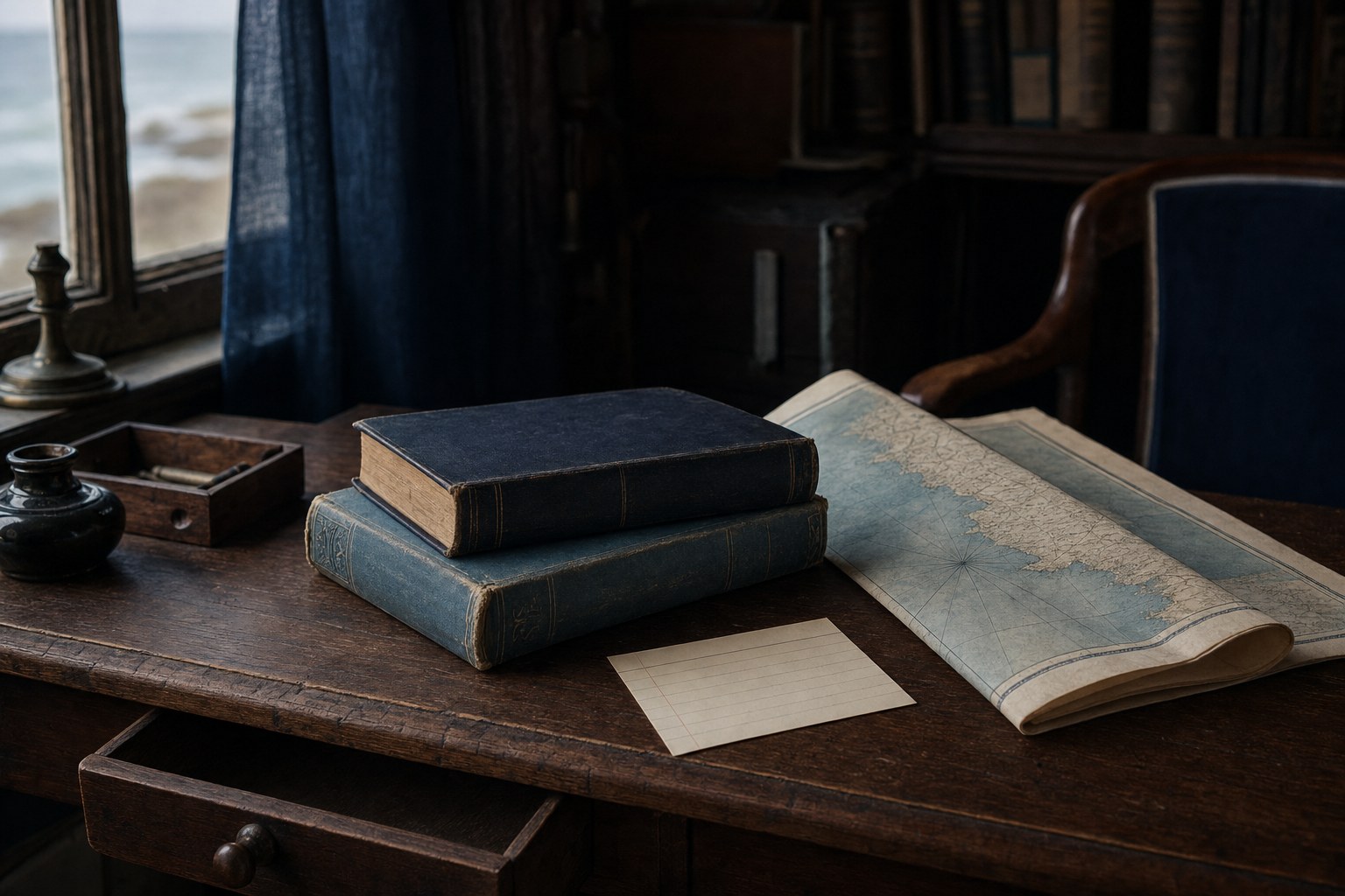 Two old novels and a folded coastal map on a dark writing desk