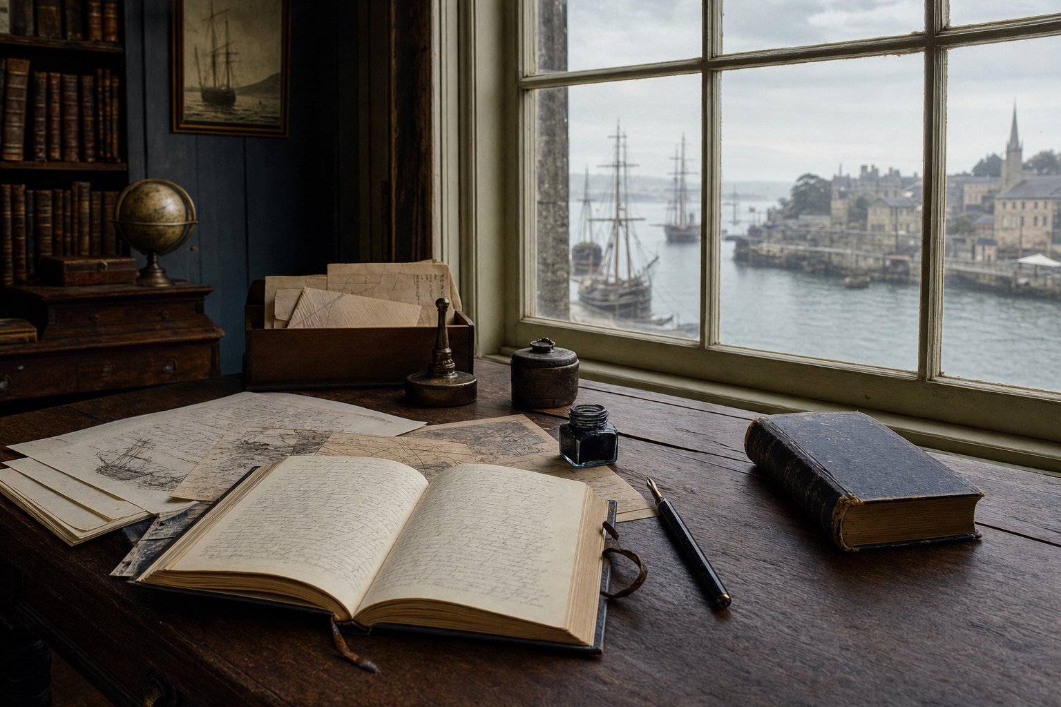 A novel, research notebook, and archival papers on a nineteenth-century writing desk