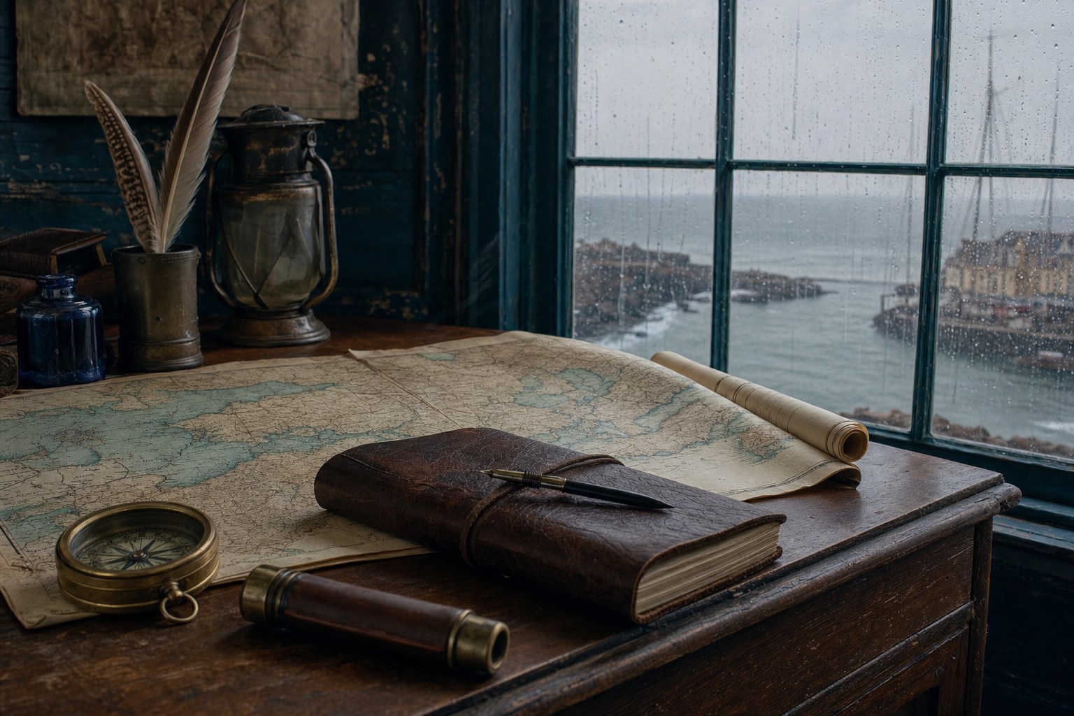 A literary writing desk with maps and a journal near a coastal window