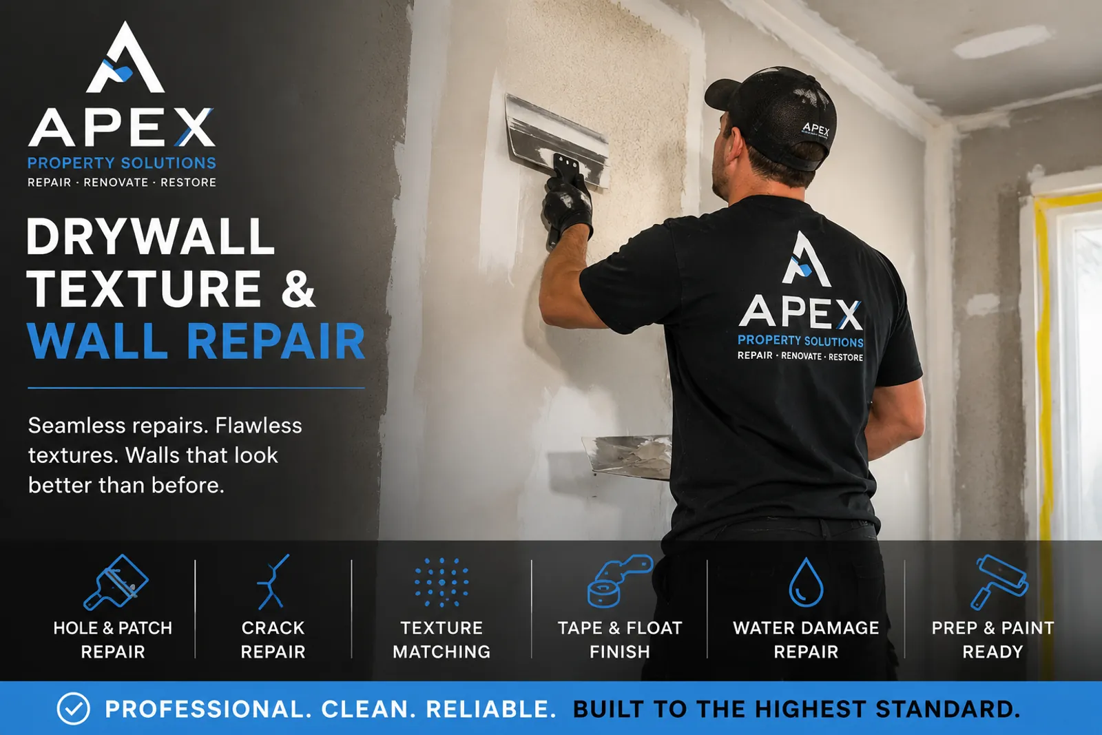 Apex crew member completing drywall work