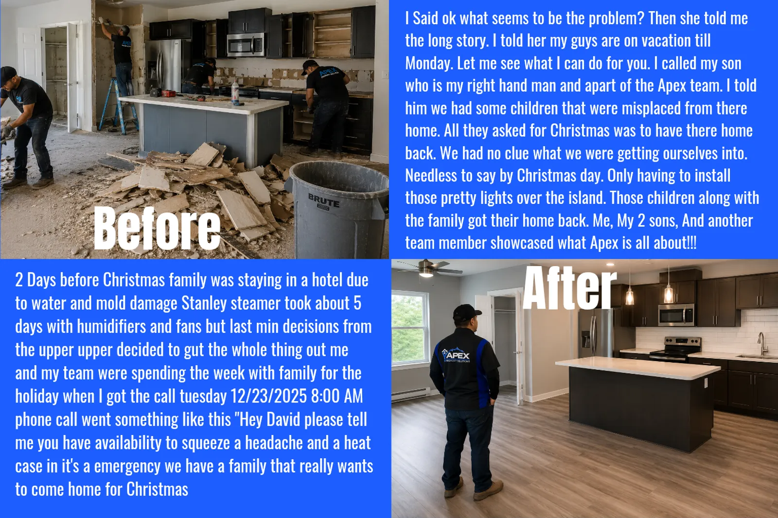 Before-and-after kitchen renovation showing the finished space