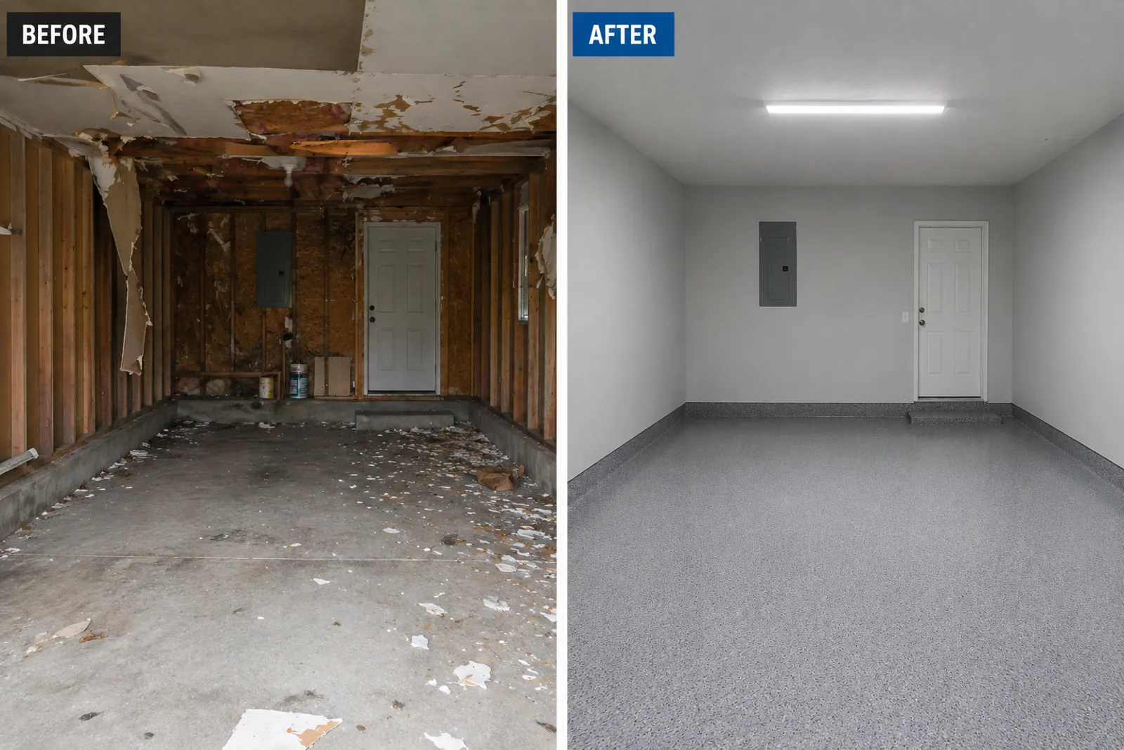 Before-and-after apartment restoration showing a clean finished interior