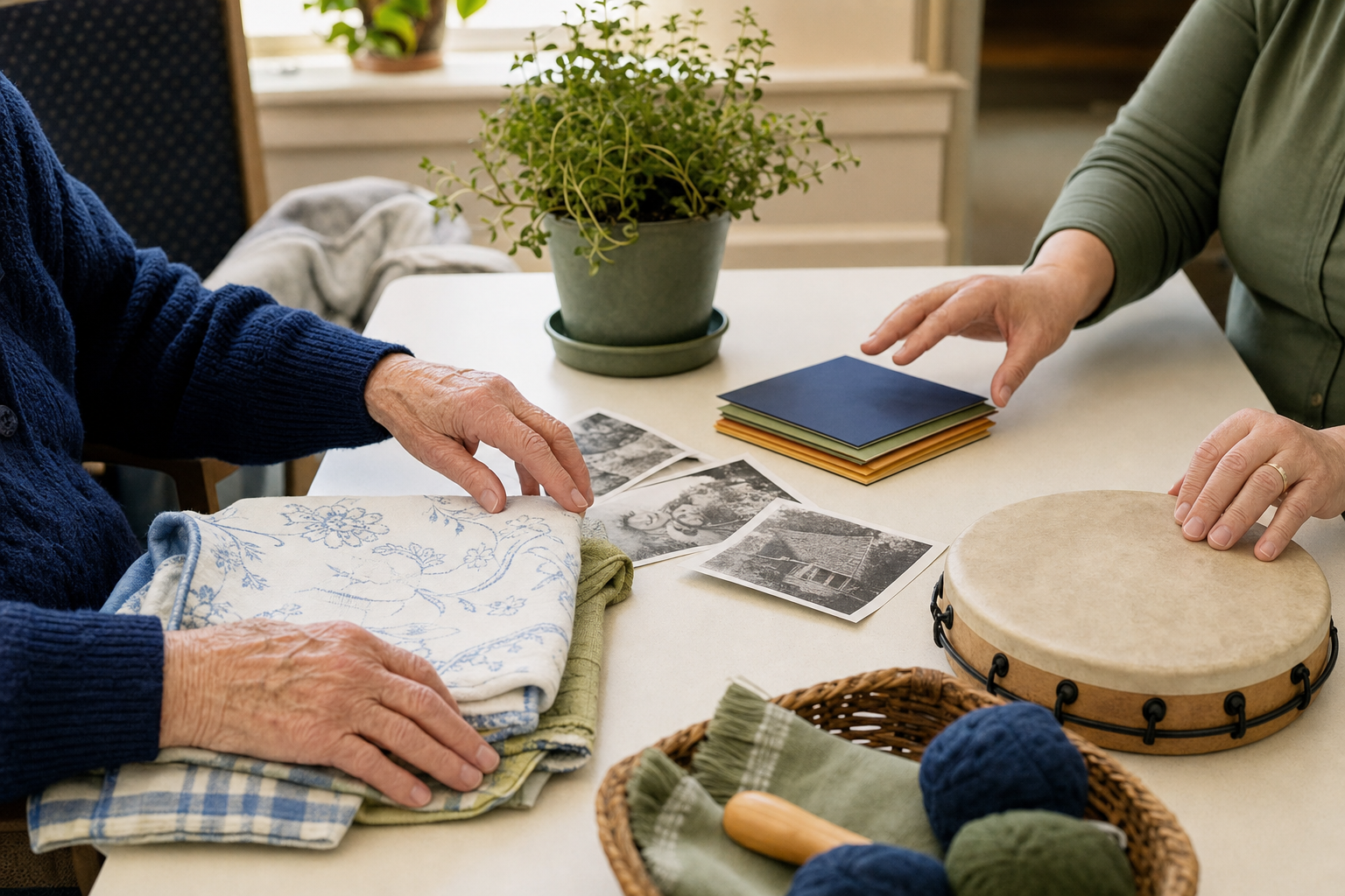 Meaningful activity materials arranged on a senior living community table