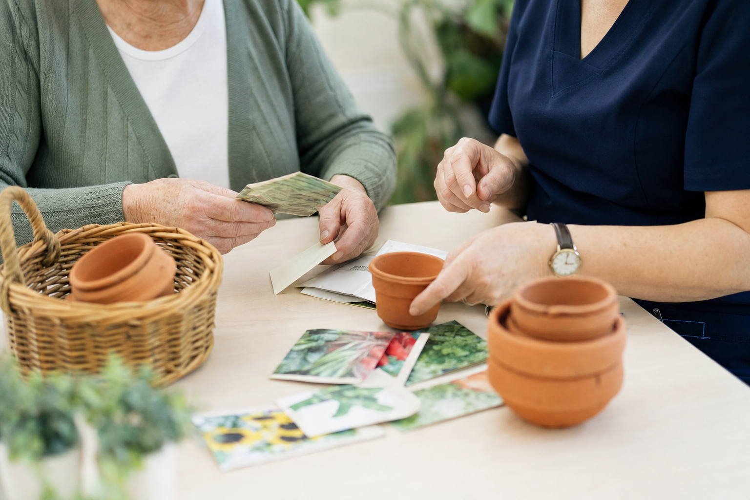 Older adult and activity professional sorting gardening materials together